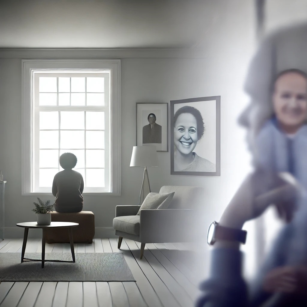 A thoughtful scene depicting a person standing alone in a quiet room, looking out of a window, deep in reflection
